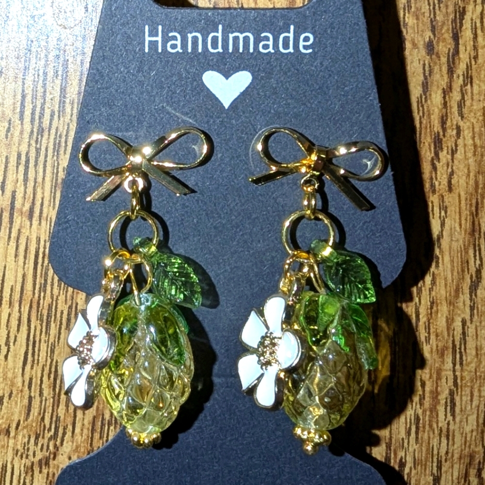 Handmade Pineapple Earrings With Gold Bow Accents.